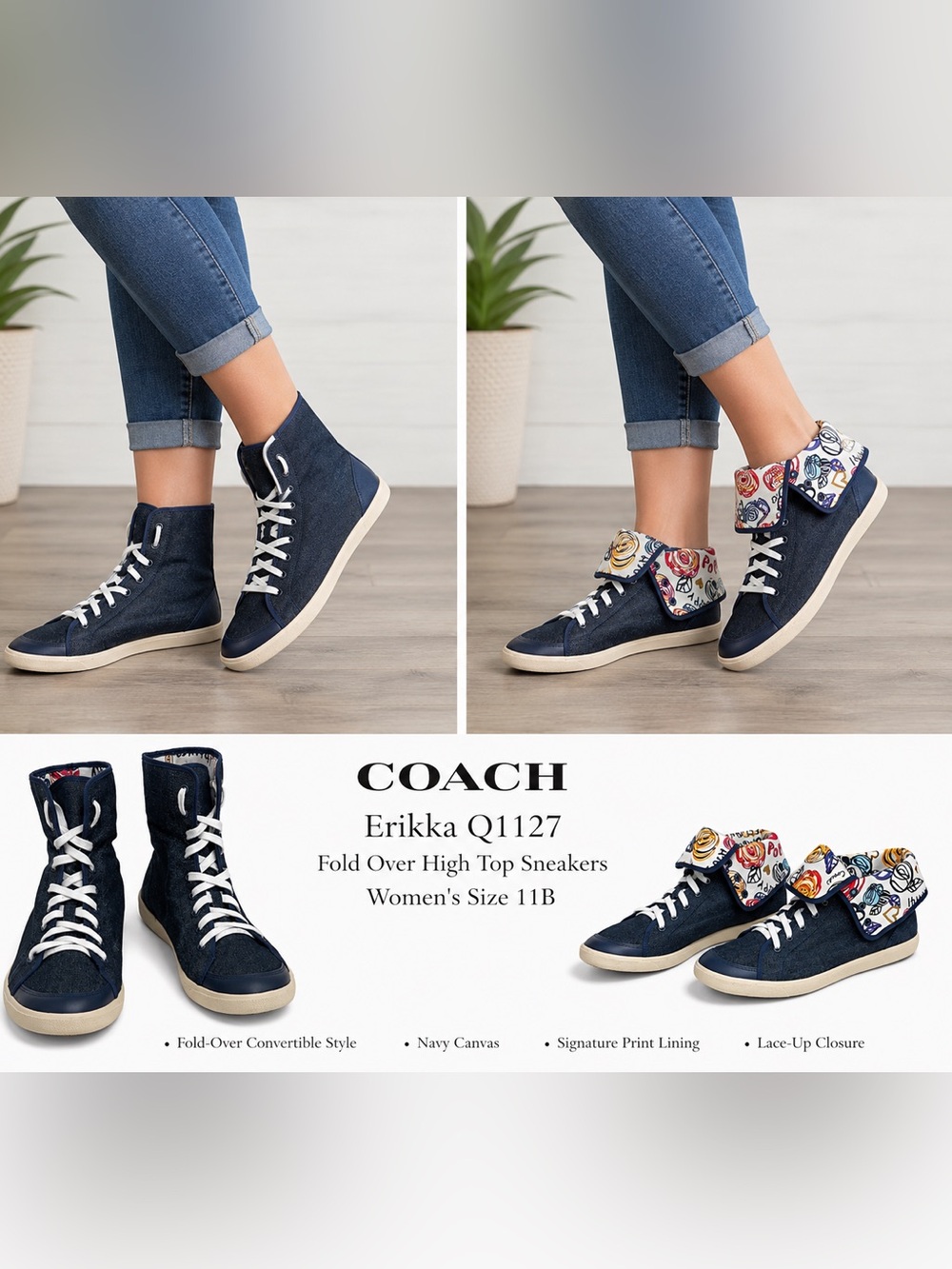 Coach Erikka Q1127 Fold Over High Top Sneakers Navy Canvas Women’s 11B